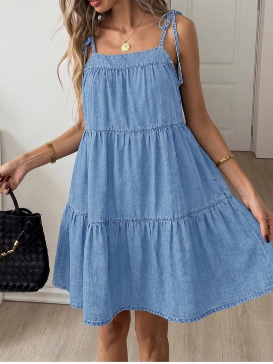 Dresses & Skirts - Western Light Wash Denim Adjustable Straps Ruffle Hem Dress